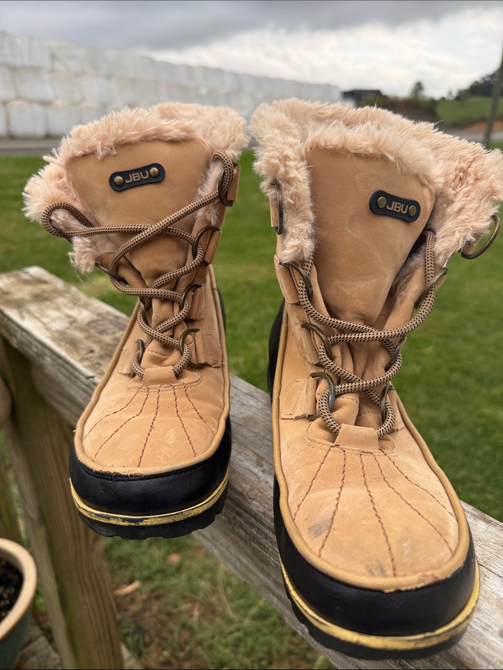 JBU Tan and Black Faux-Fur Lined Kids Lace-Up Boots